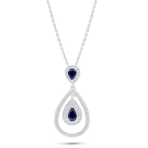 [NCL01SAP00WCZC539] Sterling Silver 925 Necklace Rhodium Plated Embedded With Sapphire Corundum And White Zircon