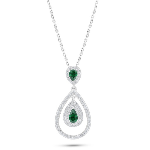 [NCL01EMR00WCZC539] Sterling Silver 925 Necklace Rhodium Plated Embedded With Emerald Zircon And White Zircon