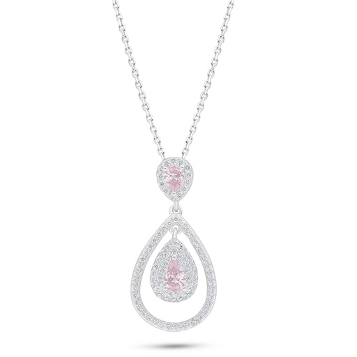 [NCL01PIK00WCZC539] Sterling Silver 925 Necklace Rhodium Plated Embedded With Pink Zircon And White Zircon