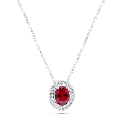 [NCL01RUB00WCZC551] Sterling Silver 925 Necklace Rhodium Plated Embedded With Ruby Corundum And White Zircon