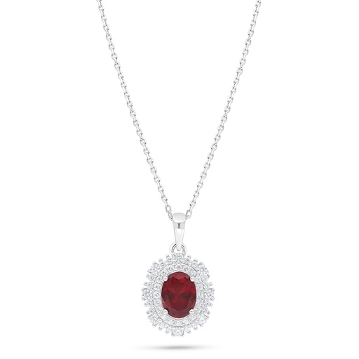 [NCL01RUB00WCZC552] Sterling Silver 925 Necklace Rhodium Plated Embedded With Ruby Corundum And White Zircon