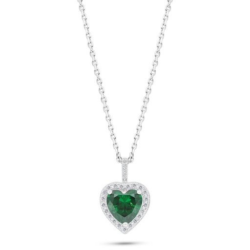 [NCL01EMR00WCZC553] Sterling Silver 925 Necklace Rhodium Plated Embedded With Emerald Zircon And White Zircon