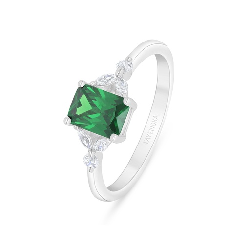 Sterling Silver 925 Ring Rhodium Plated Embedded With Emerald Zircon And White Zircon