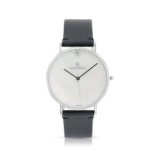 [WAT3100000MOPW106] Stainless Steel 316 Watch Silver Color Embedded With Black Leather For Men - WHITE MOP DIAL