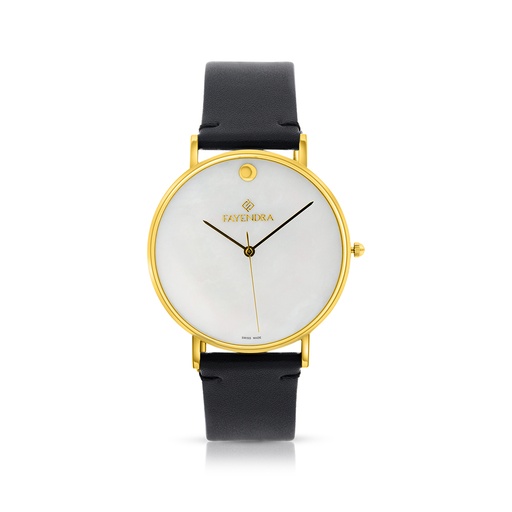 [WAT3200000MOPW106] Stainless Steel 316 Watch Golden Color Embedded With Black Leather - WHITE MOP DIAL