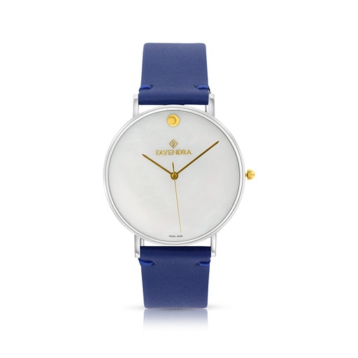 [WAT3100001MOPW106] Stainless Steel 316 Watch Silver Color Embedded With Blue Leather For Men - WHITE MOP DIAL