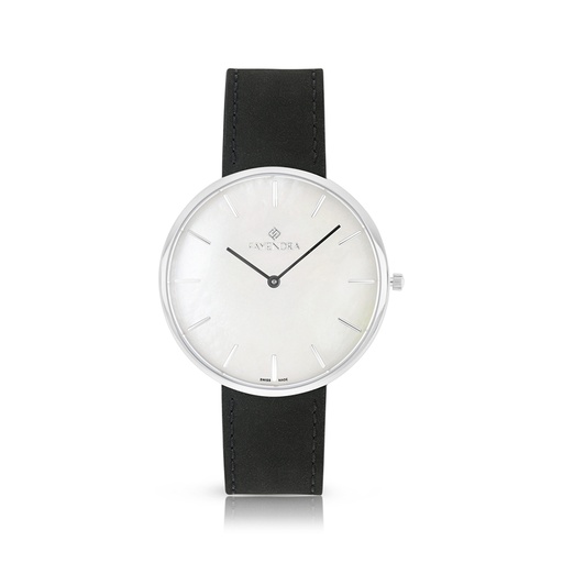[WAT3100000MOPW107] Stainless Steel 316 Watch Silver Color Embedded With Black Leather For Men - WHITE MOP DIAL