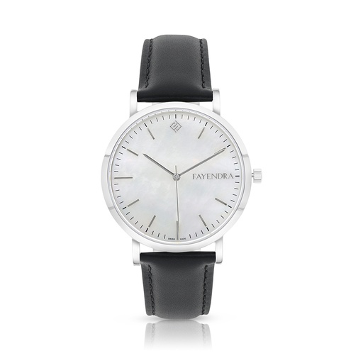 [WAT3100000MOPW109] Stainless Steel 316 Watch Silver Color Embedded With Black Leather For Men - WHITE MOP DIAL