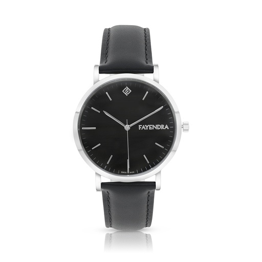 [WAT3100000BLKW109] Stainless Steel 316 Watch Silver Color Embedded With Black Leather For Men - BLACK MOP DIAL