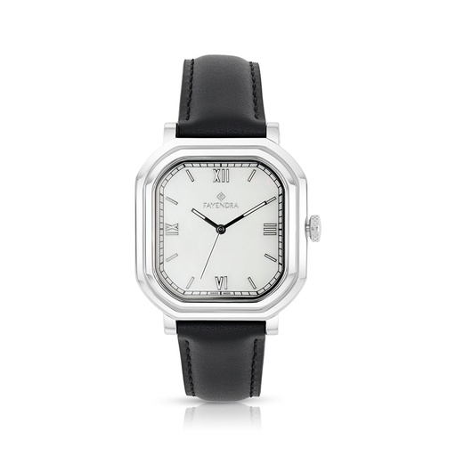[WAT3100000MOPW112] Stainless Steel 316 Watch Silver Color Embedded With Black Leather For Men - WHITE MOP DIAL