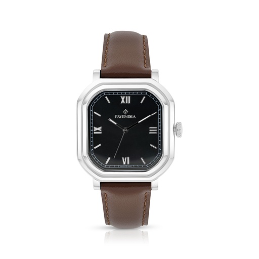 [WAT3100000BLKW112] Stainless Steel 316 Watch Silver Color Embedded With Brown Leather For Men - BLACK MOP DIAL