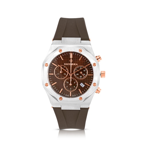 [WAT3500000BRNW125] Stainless Steel 316L Watch Silver And Rose Gold Color Embedded With BROWN Rubber For Men - coffee MOP dial 