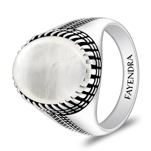Sterling Silver 925 Ring Rhodium And Black Plated Embedded With White Shell Cabochon For Men
