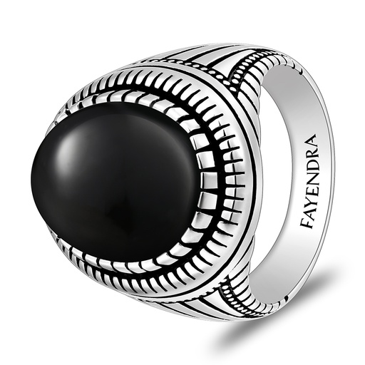 Sterling Silver 925 Ring Rhodium And Black Plated Embedded With Natural Black Agate Cabochon For Men