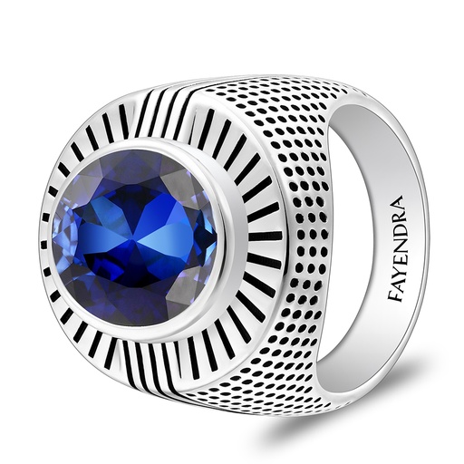 Sterling Silver 925 Ring Rhodium And Black Plated Embedded With Sapphire Corundum For Men