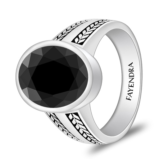 Sterling Silver 925 Ring Rhodium And Black Plated Embedded With Black Spinal For Men