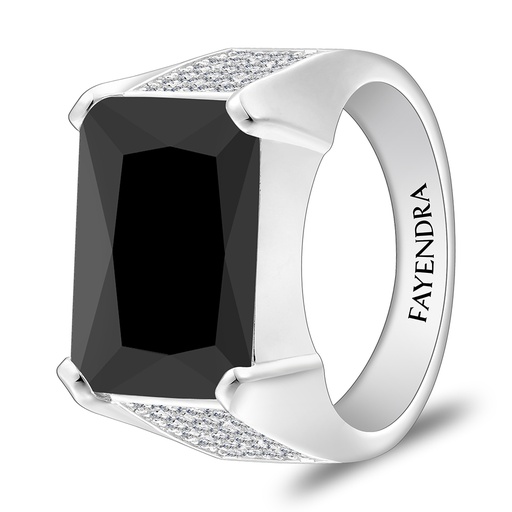 Sterling Silver 925 Ring Rhodium Plated Embedded With Black Spinal And White Zircon For Men