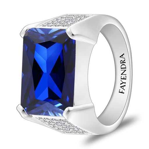 Sterling Silver 925 Ring Rhodium Plated Embedded With Sapphire Corundum And White Zircon For Men