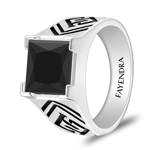 Sterling Silver 925 Ring Rhodium And Black Plated Embedded With Black Spinal For Men