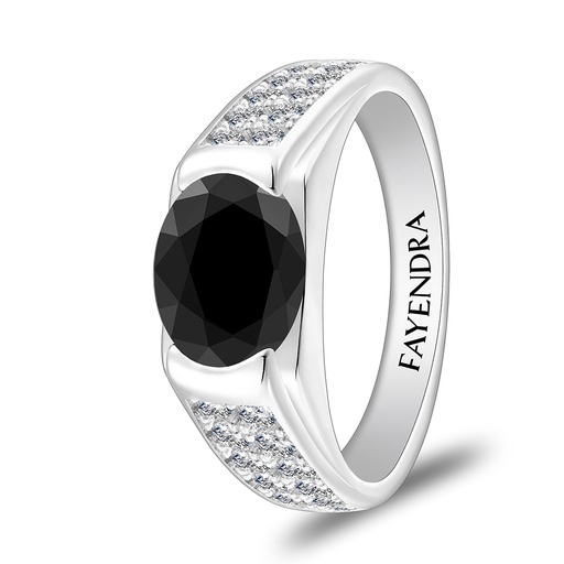 Sterling Silver 925 Ring Rhodium Plated Embedded With Black Spinal And White Zircon For Men
