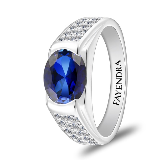 Sterling Silver 925 Ring Rhodium Plated Embedded With Sapphire Corundum And White Zircon For Men