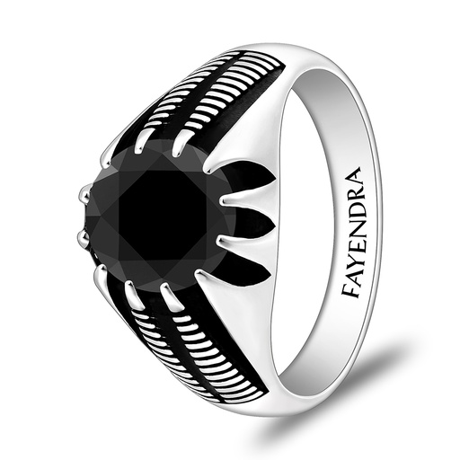Sterling Silver 925 Ring Rhodium And Black Plated Embedded With Black Spinal For Men