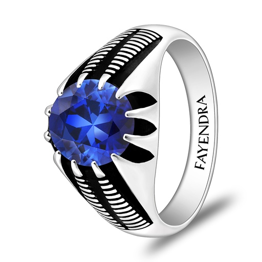 Sterling Silver 925 Ring Rhodium And Black Plated Embedded With Sapphire Corundum For Men