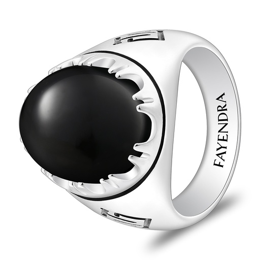 Sterling Silver 925 Ring Rhodium And Black Plated Embedded With Natural Black Agate Cabochon For Men
