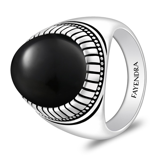 Sterling Silver 925 Ring Rhodium And Black Plated Embedded With Natural Black Agate Cabochon For Men
